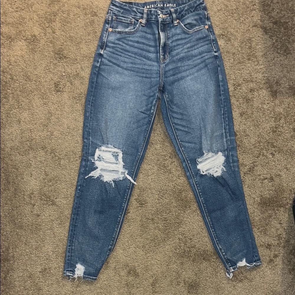 American Eagle Outfitters Blue Mom Jeans with Distressed Details